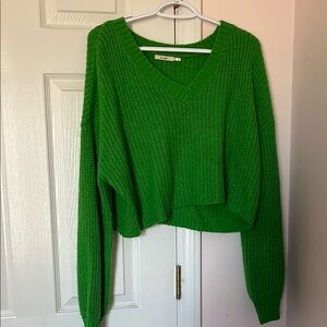 Vibrant Green Chunky Knit V-Neck Sweater